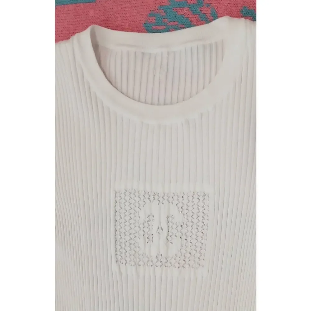 Chanel womens small white top ribbed stretch 100% authentic Short Sleeve